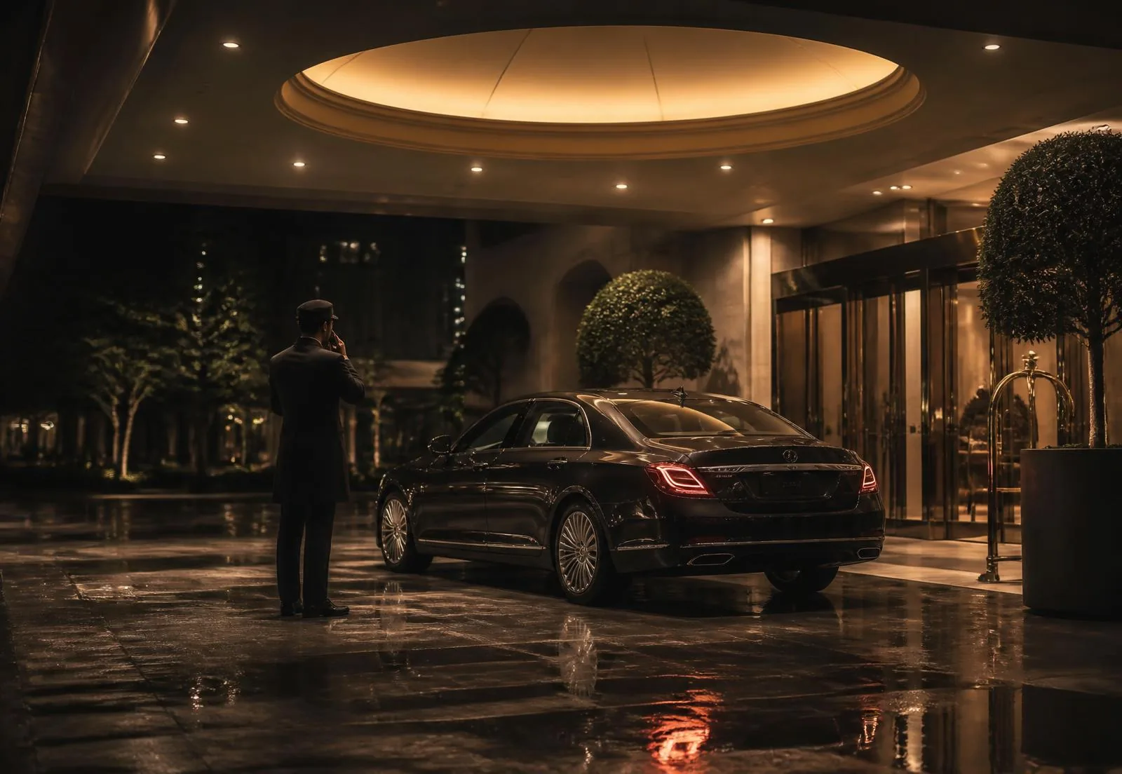 Valet attendant holding a phone beside a car at a hotel entrance at night